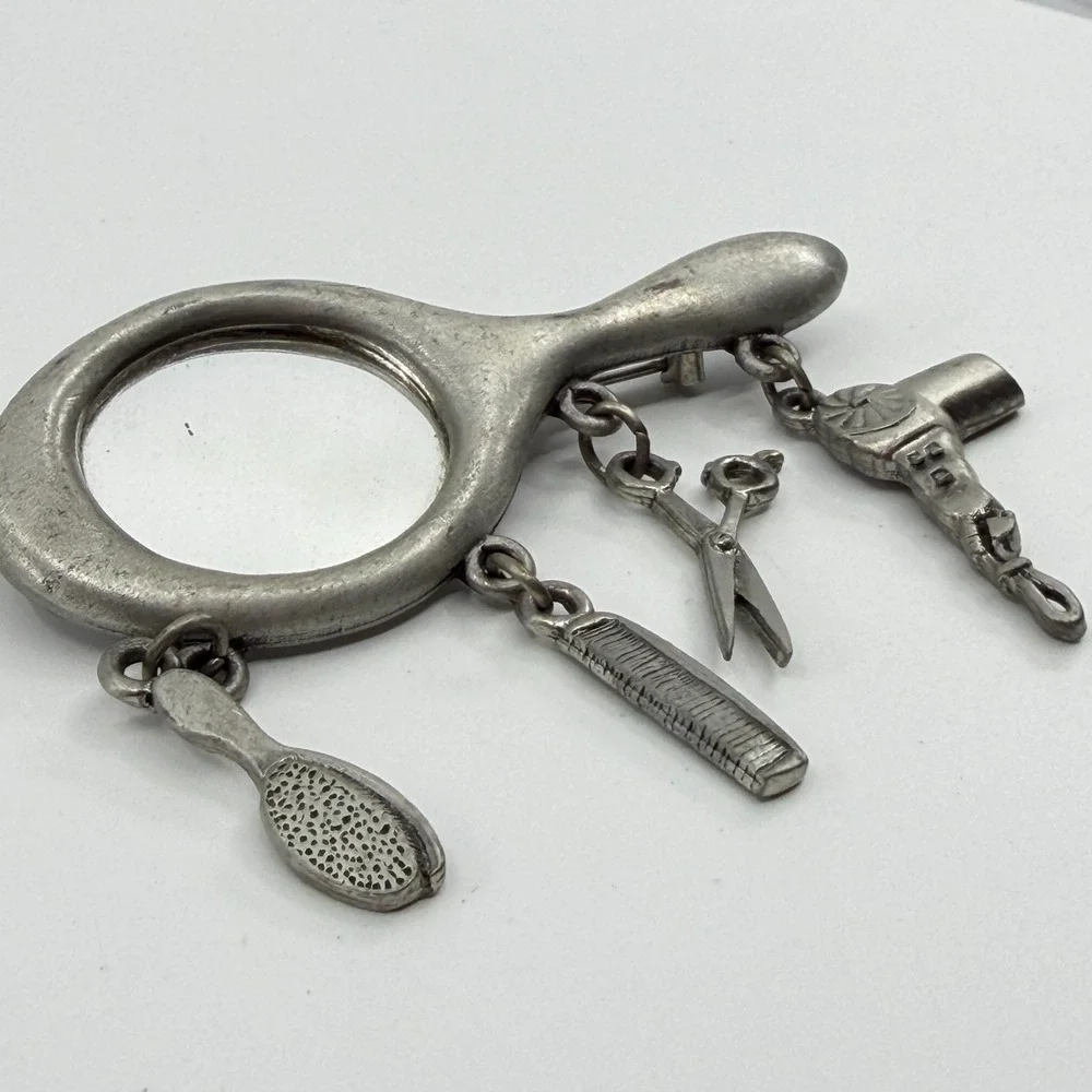 Hair Stylist Mirror Brooch Pin Silver Tone Comb Scissors Dryer Dangle Charms